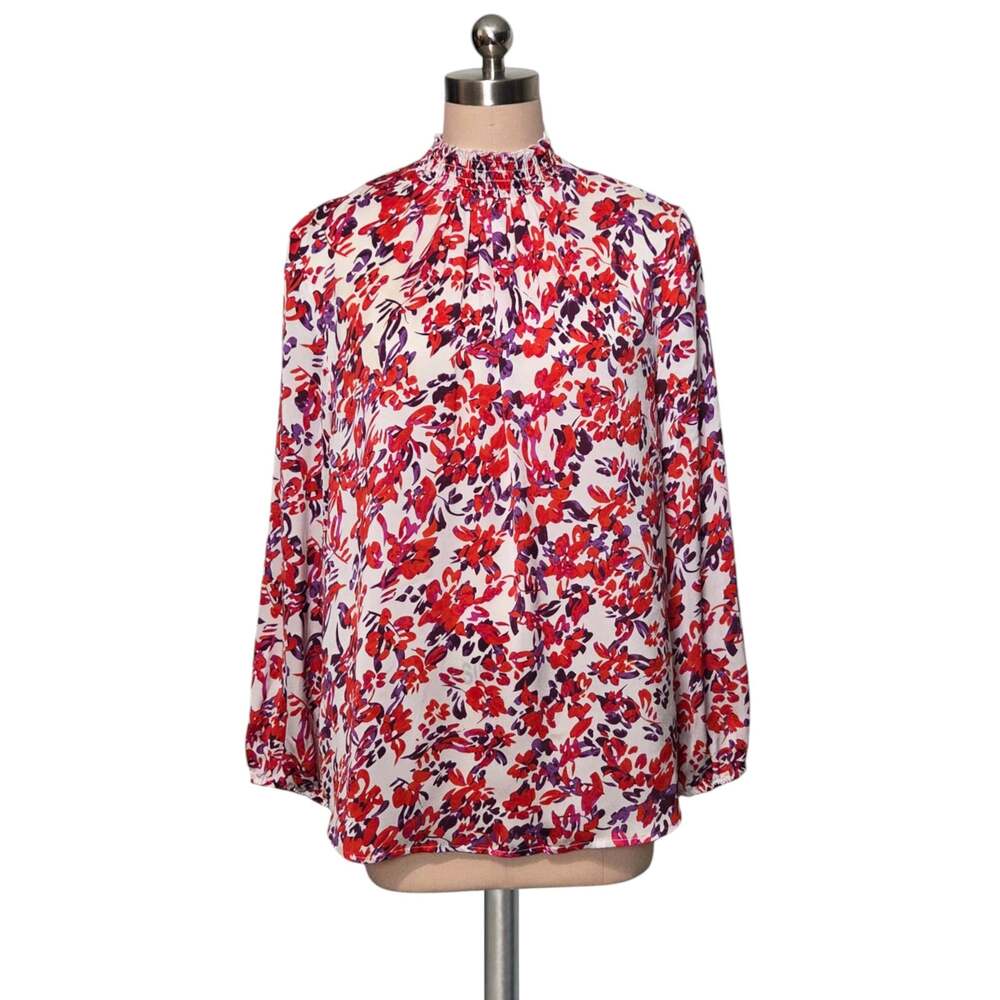 Flowy ATTENTION White Red Purple Floral Print Blouse Shirt XL